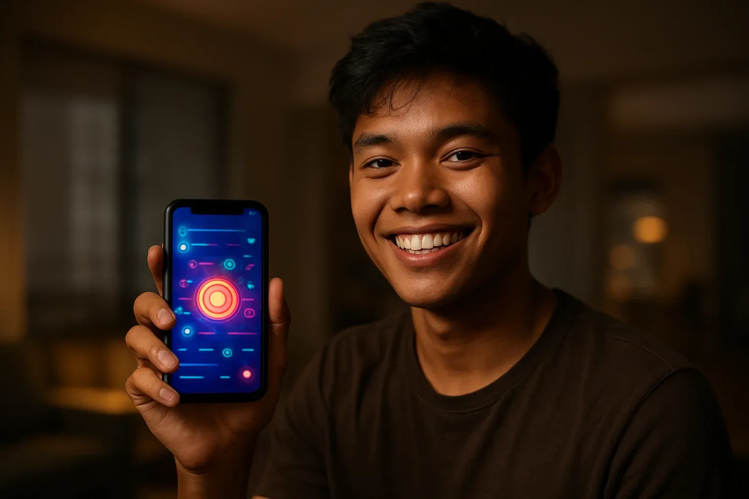 Smiling young Filipino man holding smartphone with colorful gaming app interface