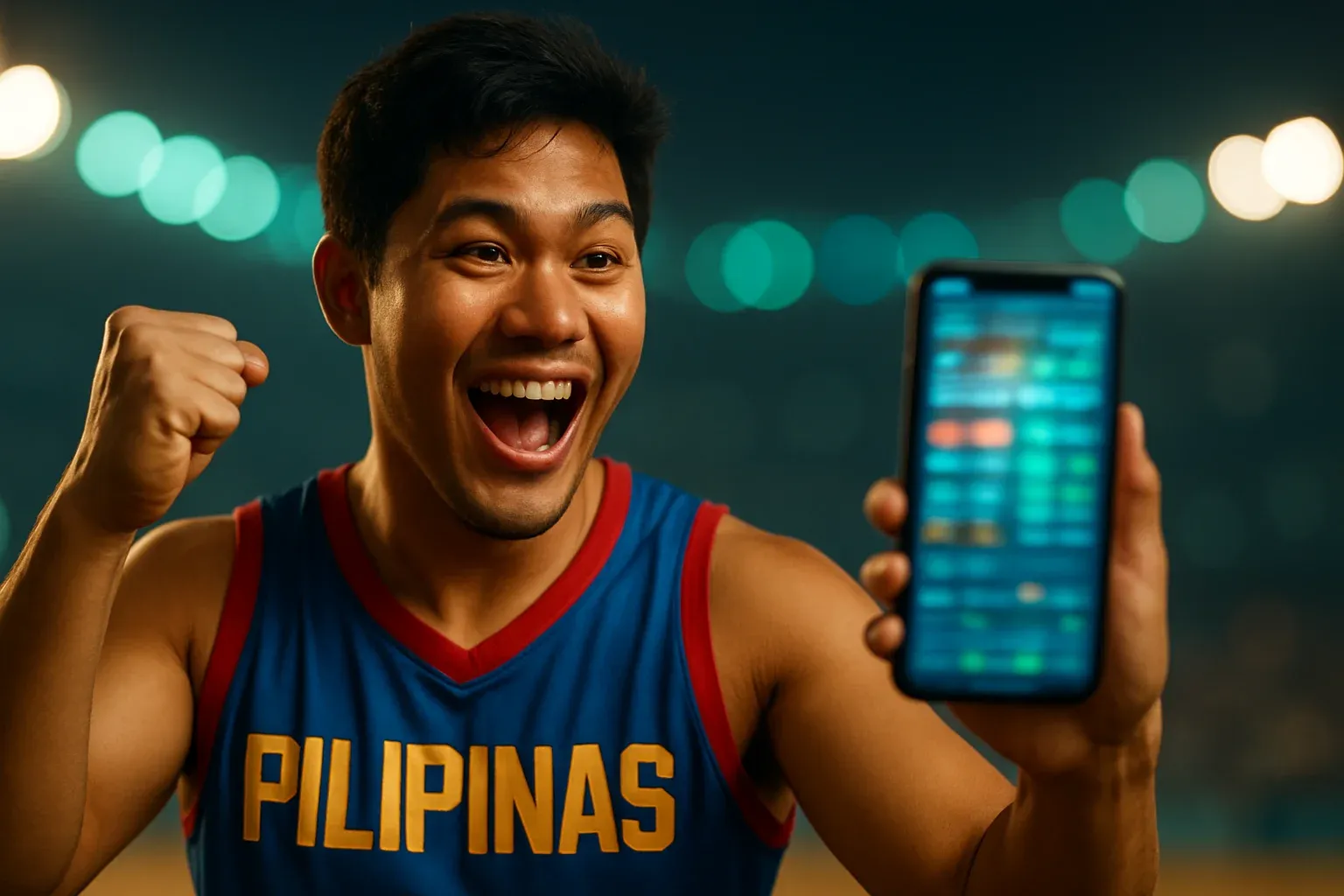 Excited Filipino man cheering with smartphone showing blurred sports betting interface