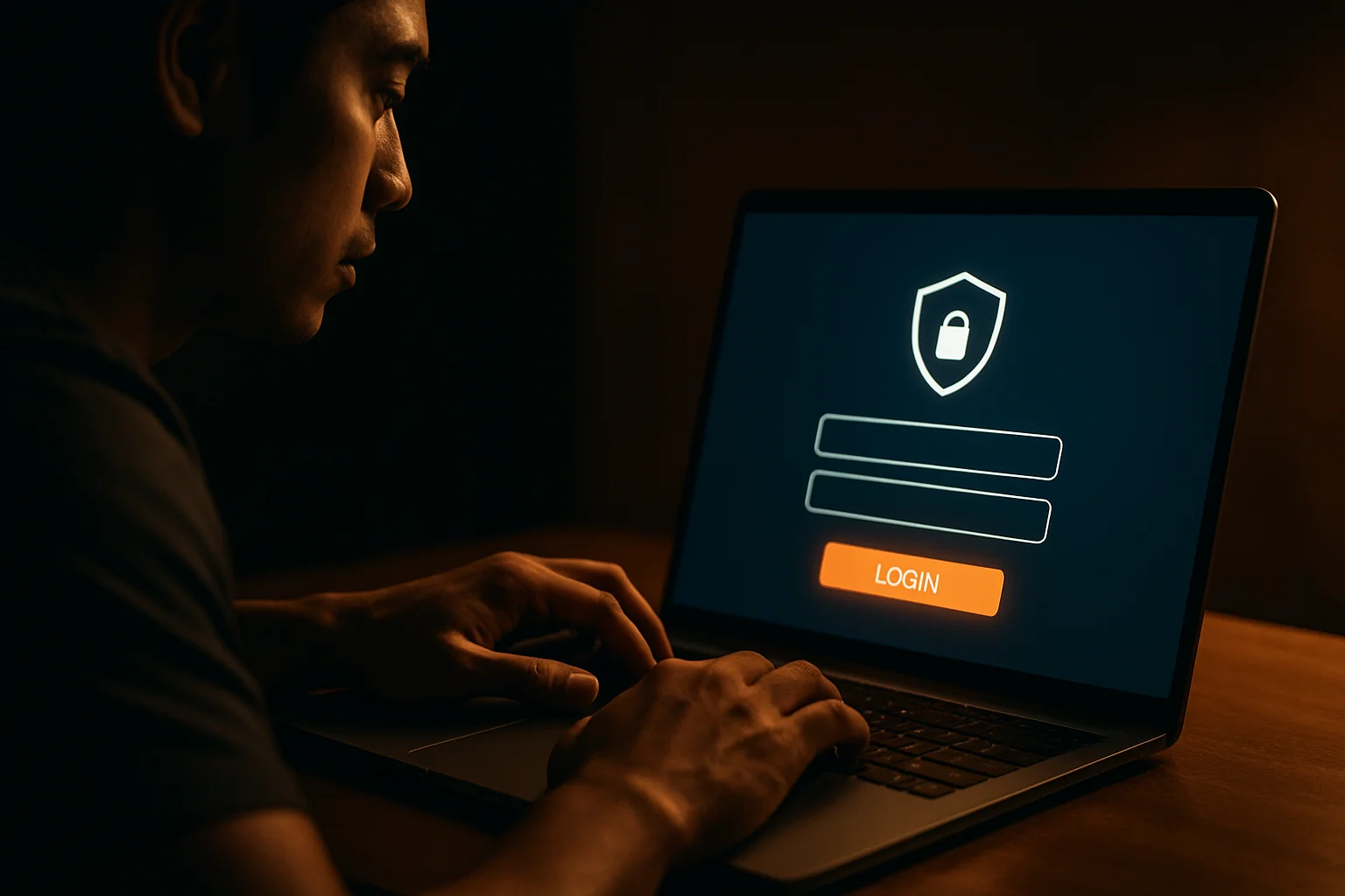 Young Filipino man using laptop with stylized login screen facing camera