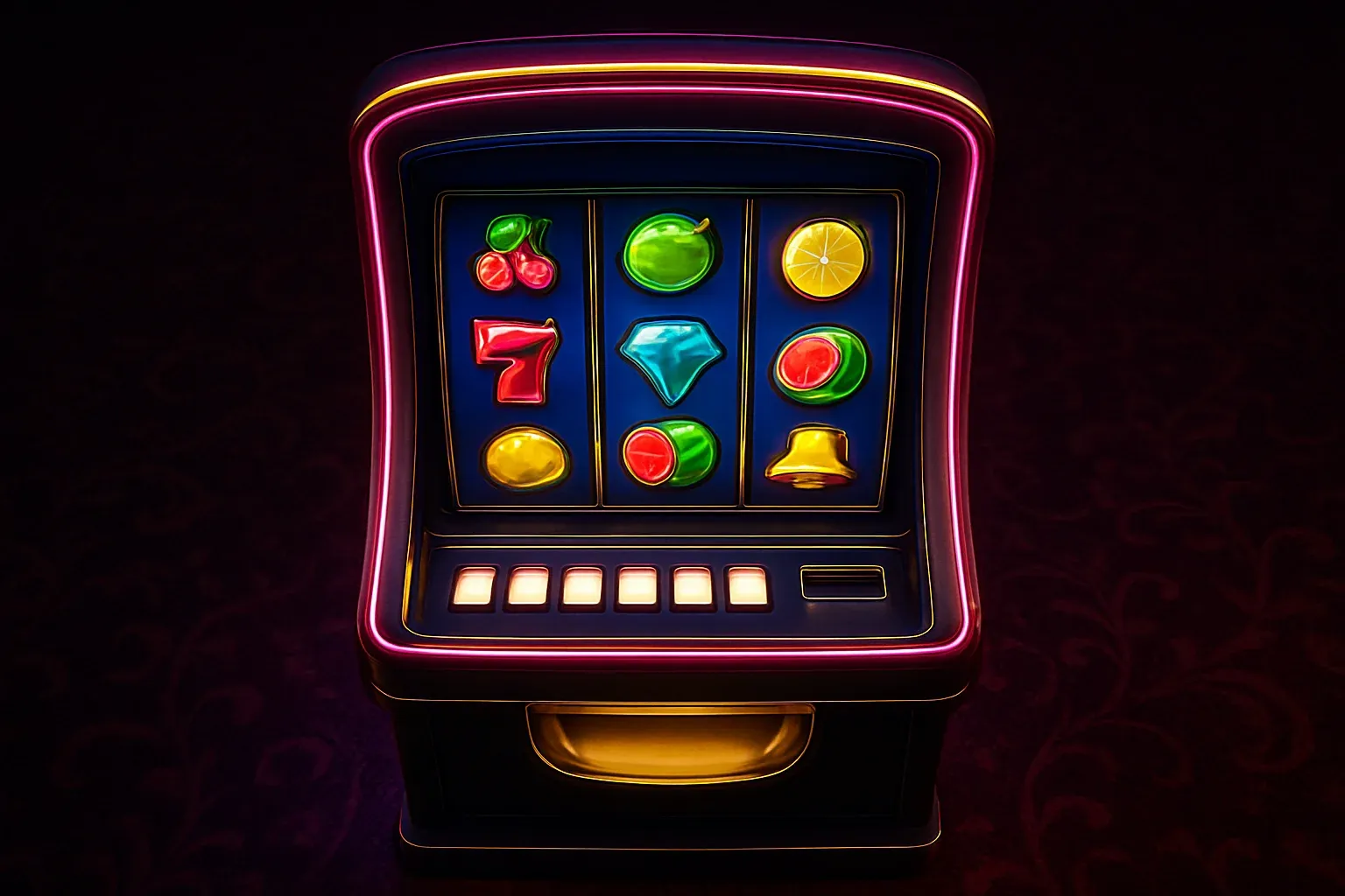 Complete premium slot machine on dark luxury casino floor with three reels